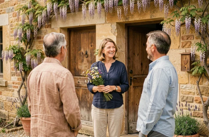 Hôtesse d'une maison d'hôtes bourguignonne accueillant des voyageurs à l'entrée d'une ferme en pierre restaurée