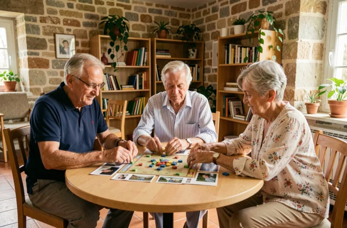 Group of seniors participating in an activity at a day care for elderly people in Montpellier