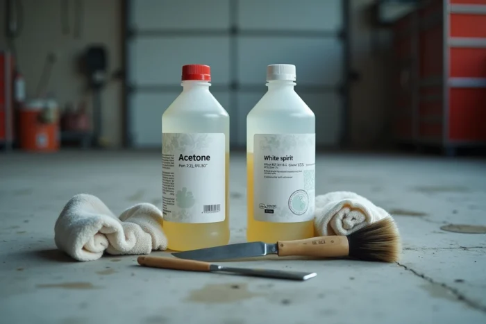 Bouteilles d'acétone et de white spirit posées côte à côte dans un garage avec des outils de peinture