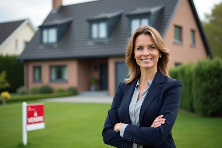Agente immobilière professionnelle devant une maison à vendre avec panneau, conseils experts pour réussir la vente immobilière