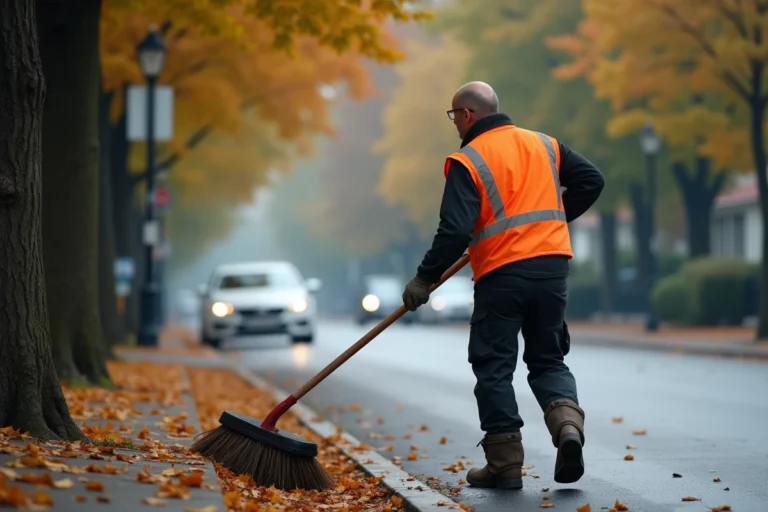 Agent municipal en gilet orange balayant un trottoir urbain parsemé de feuilles mortes en automne
