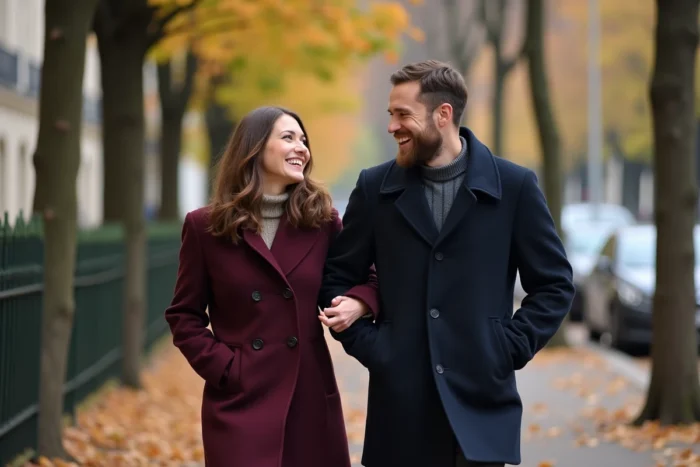 Couple complice se promenant sur une avenue parisienne en automne, représentant la vie de couple et l'intimité en 2026