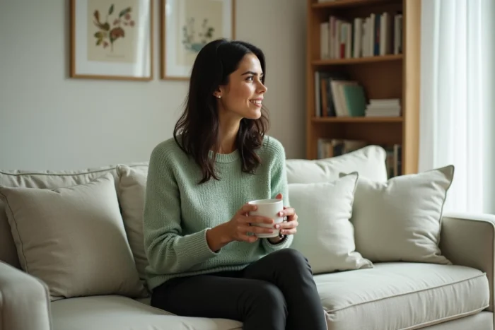 Femme sereine dans un appartement moderne tenant une tasse, évoquant la vie privée et le quotidien intime en 2026