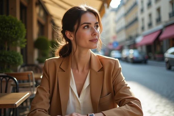 Femme élégante assise en terrasse de café parisien, regard pensif, style vie privée et actualité 2026