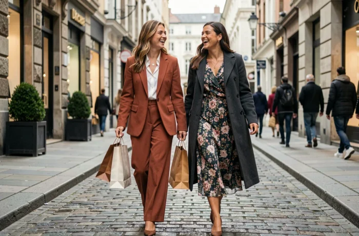 Two stylish friends walking in a cobblestone shopping street with shopping bags, showcasing the fashion trends of the season