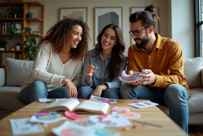 Groupe d'amis qui préparent ensemble le budget d'une fête dans un appartement avec décorations et coupons