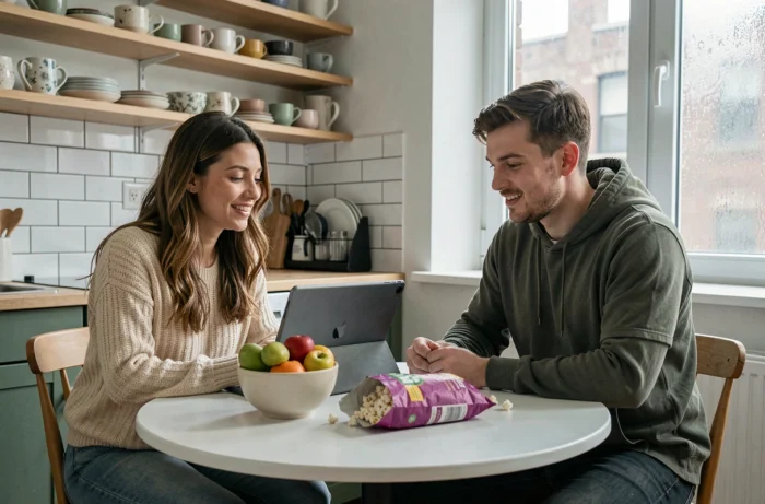 Deux amis regardant ensemble une série en streaming sur une tablette posée sur une table de cuisine dans un appartement urbain