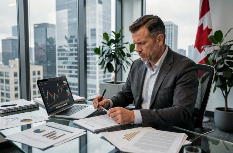 Analyste financier canadien examinant des graphiques de cryptomonnaies dans un bureau moderne de Toronto, exprimant une inquiétude face aux régulations