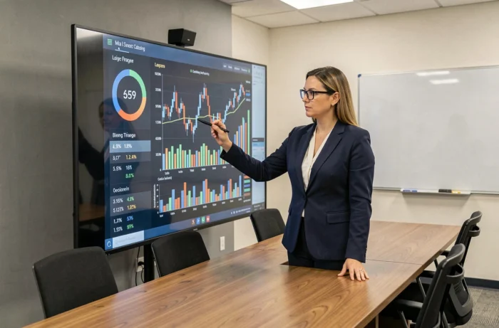 Femme analyste financière présentant des indicateurs de levier boursier sur un écran interactif en salle de réunion