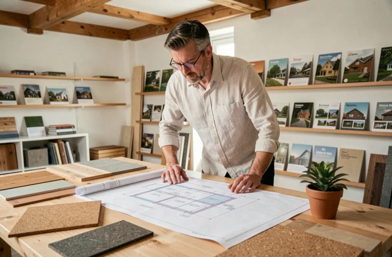 Architecte responsable examinant des plans de construction écologique avec des échantillons de matériaux durables sur une table en bois dans un studio moderne