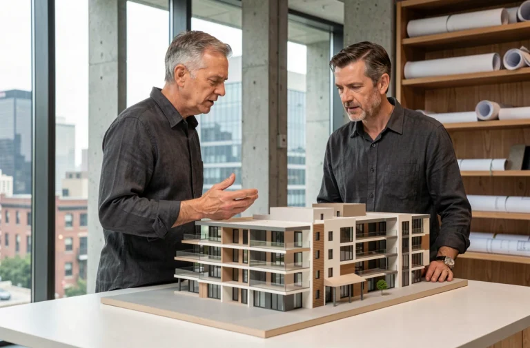 Architecte masculin étudiant une maquette de bâtiment contemporain dans un studio d'architecture moderne avec vue sur la ville