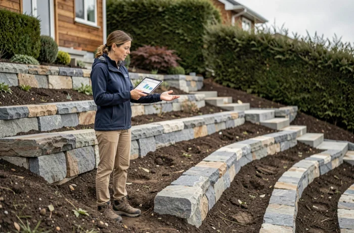 Architecte paysagiste féminine évaluant le coût d'un terrassement en terrasses avec murs de soutènement en pierre