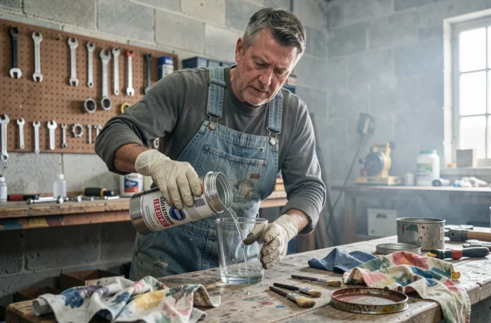 Un artisan versant de l'acétone dans un atelier de bricolage avec des outils et chiffons sur un établi en bois