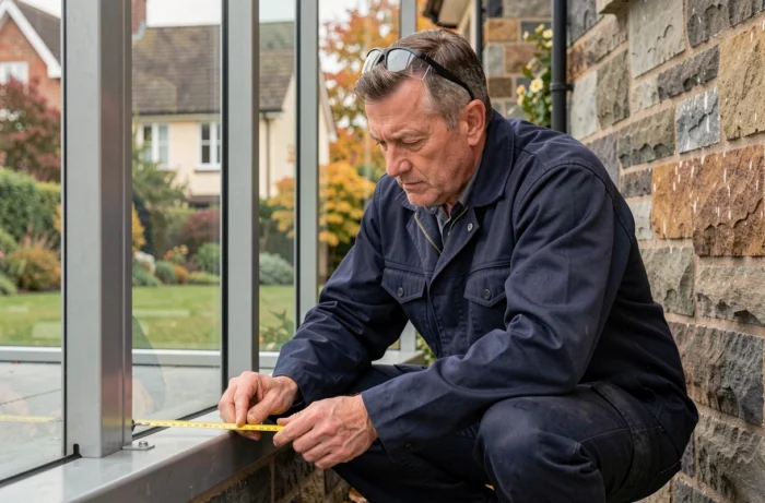 Artisan professionnel inspectant un joint de structure aluminium lors de l'installation d'une véranda sur maison en pierre