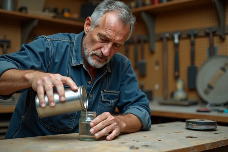 Artisan versant un solvant dans un atelier de bricolage pour des travaux de peinture ou de nettoyage