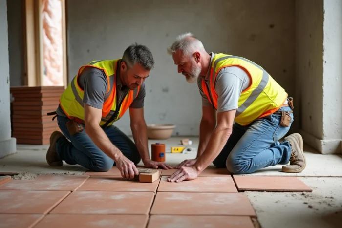 Deux artisans posant du carrelage en terre cuite dans une maison en construction avec outils de chantier au sol