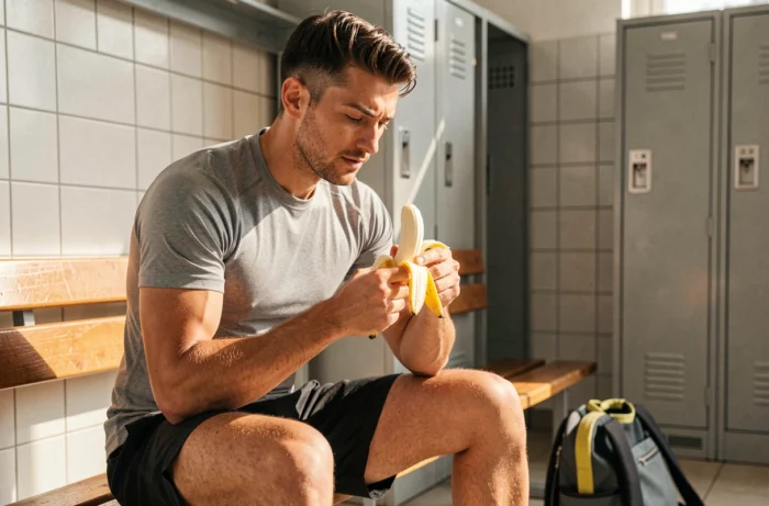 Athlète masculin mangeant une banane mûre avant l'entraînement dans un vestiaire sportif