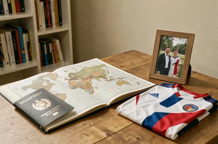 Atlas of the world open on a desk with a French passport and a football jersey, illustrating the origins and family nationality of a professional player