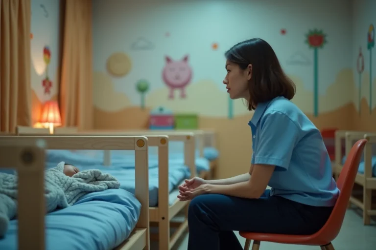 ATSEM assise dans un dortoir de maternelle surveille des enfants endormis dans leurs lits de sieste