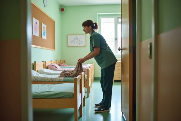 ATSEM debout dans un dortoir de crèche ajustant une couverture sur un lit de sieste d'enfant