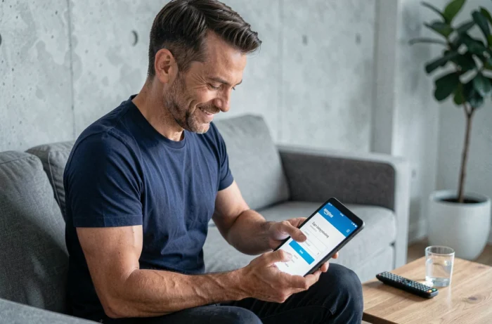 Uomo che consulta i vantaggi di Amazon Prime su un tablet nel suo soggiorno moderno