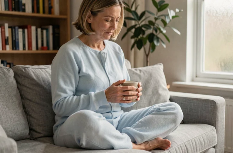 Femme adulte portant un babygros bleu pastel en polaire, assise sur un canapé gris dans un salon cosy, tenant une tasse de café