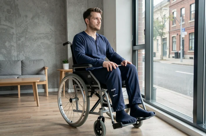 Homme en fauteuil roulant portant un babygros adulte adapté à fermetures automatiques, dans un appartement moderne et accessible