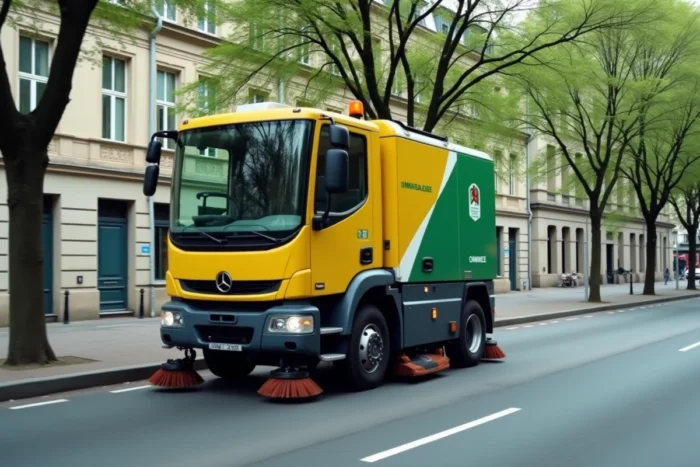 Balayeuse mécanique municipale jaune en action sur une route de ville française avec brosses rotatives visibles