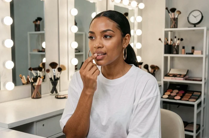 Jeune femme appliquant un baume à lèvres teinté dans un studio de maquillage professionnel, tendances beauté