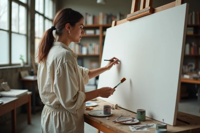 Béatrice Vonderweidt artiste peintre examinant une toile dans son atelier parisien