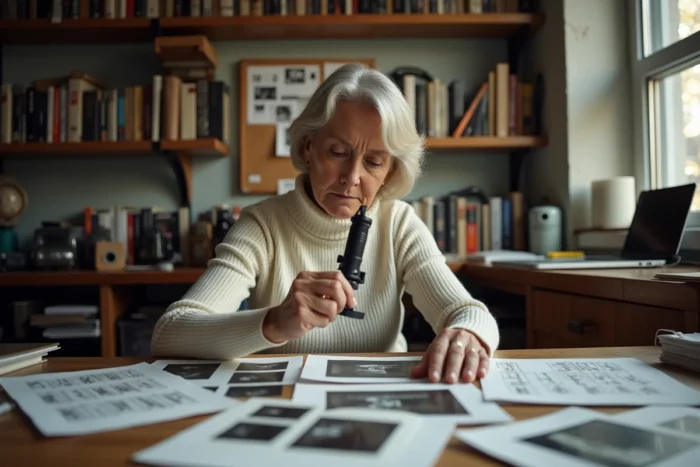 Béatrice Vonderweidt photographe examinant des négatifs argentiques dans son espace de travail