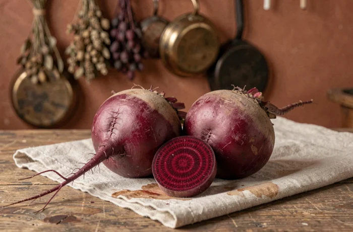 Whole and cut raw beetroots with deep red-purple hues placed on linen in a French kitchen