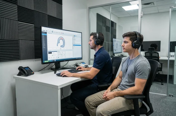 Audioprothésiste réalisant un bilan auditif avec un patient dans une cabine d'audiométrie professionnelle