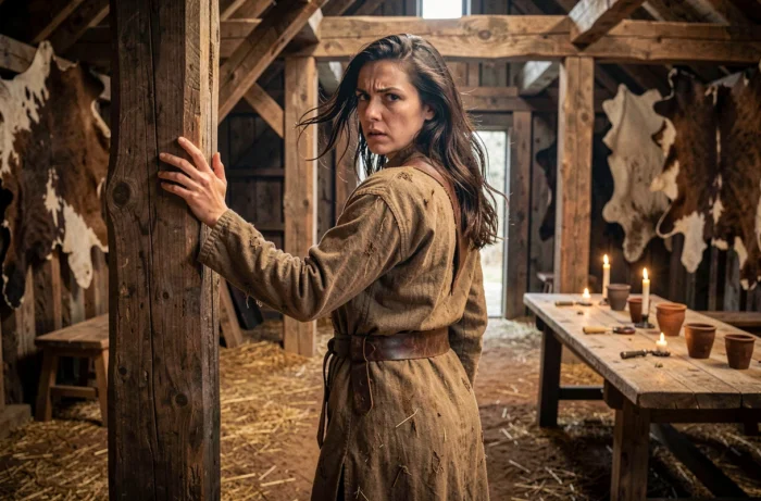 Femme en costume nordique dans une grande salle médiévale en bois, regard accusateur par-dessus l'épaule, symbolisant la trahison et la colère de Brida envers Uhtred
