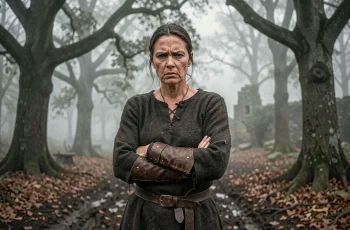 Femme en costume médiéval sombre dans une forêt brumeuse, expression de colère froide, évoquant le personnage de Brida de The Last Kingdom