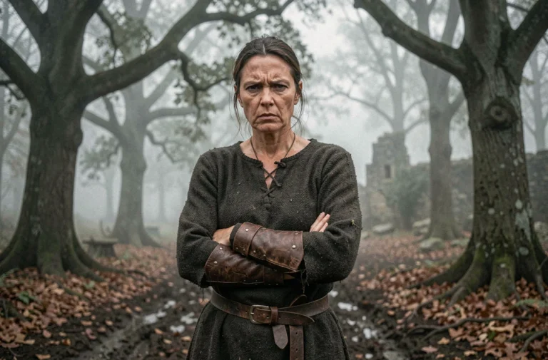 Femme en costume médiéval sombre dans une forêt brumeuse, expression de colère froide, évoquant le personnage de Brida de The Last Kingdom