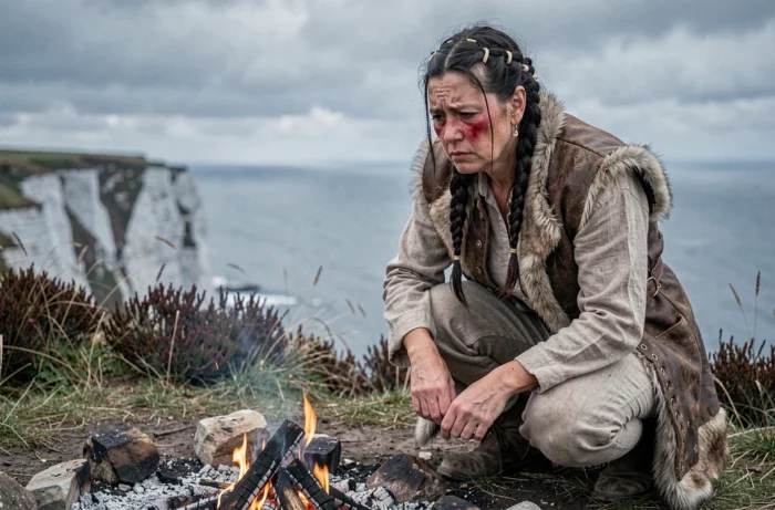 Femme viking en deuil accroupie près d'un feu mourant sur une falaise côtière grise, incarnant la rancœur et la douleur du personnage de Brida