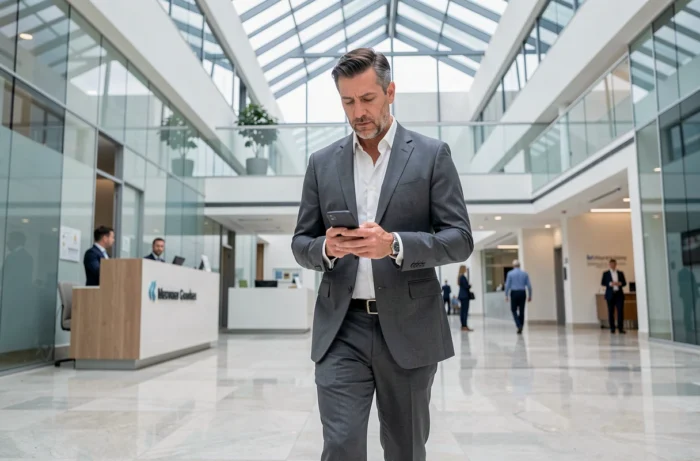 Cadre dirigeant d'une grande entreprise d'assurance traversant le hall moderne de son siège social à Paris