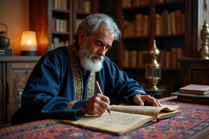Grand-père arabe écrivant de la calligraphie arabe sur du parchemin, évoquant la tradition des prénoms masculins arabes anciens et leur signification