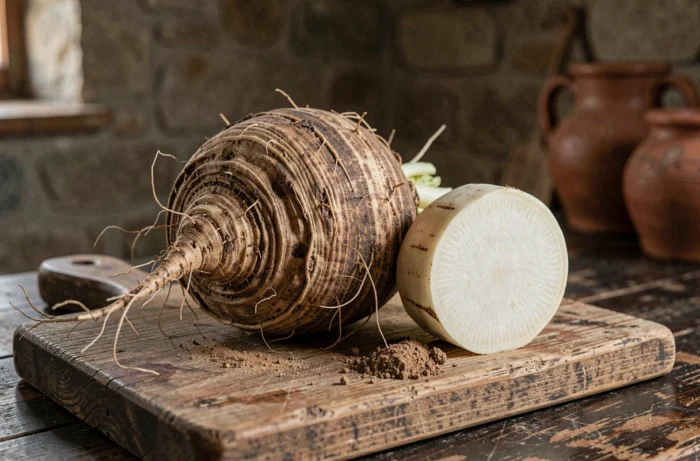 Whole celeriac with knobby brown skin and a cut revealing the cream interior, placed on a wooden board
