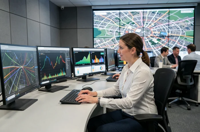 Operator in a municipal urban supervision center monitoring real-time data on the city's infrastructure using new technologies