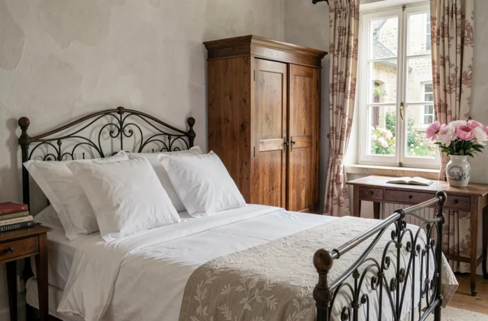 Chambre d'hôtes authentique avec lit en fer forgé, linge blanc brodé et décor campagnard français raffiné