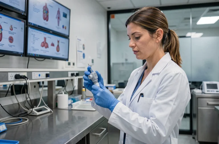 Chercheuse en blouse blanche examinant un instrument chirurgical robotisé dans un laboratoire biomédical moderne