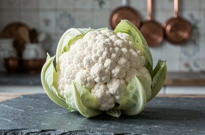 Whole cauliflower with tight cream-white florets and green leaves placed on a stone surface in a French kitchen