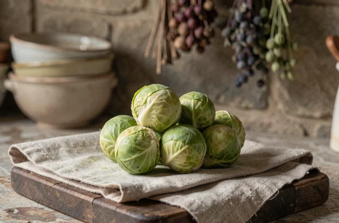 Fresh Brussels sprouts on their stalk placed on a dark oak board in a French kitchen