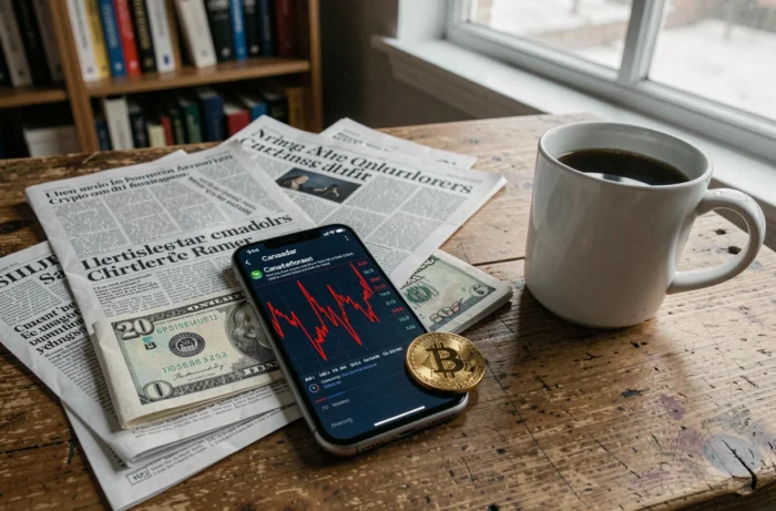 Primo piano di una scrivania con smartphone che mostra un calo del Bitcoin, banconota canadese e moneta crypto che simboleggiano l'incertezza regolamentare in Canada