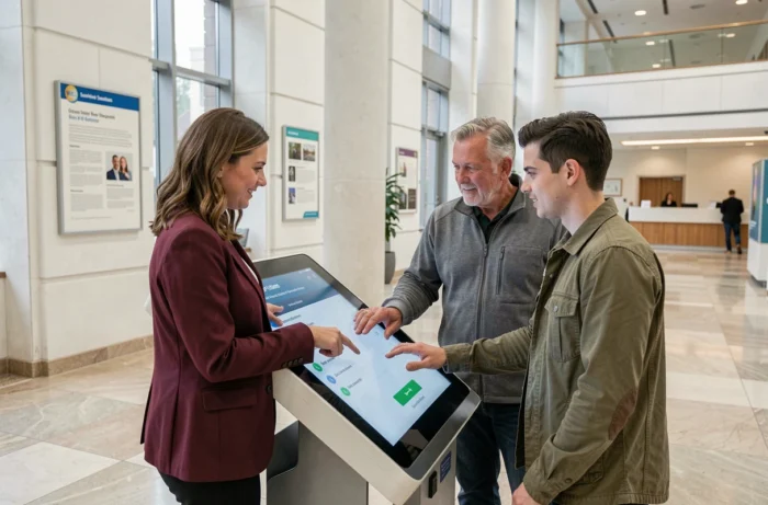 Group of citizens using an interactive digital kiosk in a modern town hall to access public services online