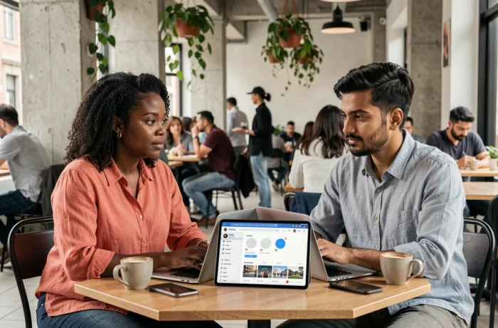 Deux professionnels collaborant sur une stratégie de campagne marketing en ligne dans un café moderne