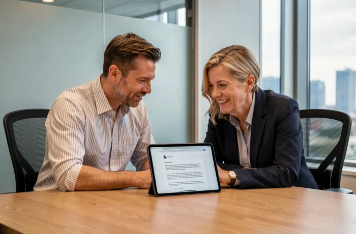 Deux collègues collaborant sur la rédaction d'un message professionnel annonçant un changement d'adresse email en salle de réunion