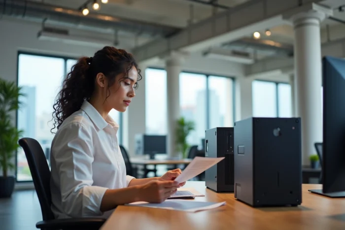 Femme comparant deux types d'unités centrales différentes sur un bureau de bureau moderne